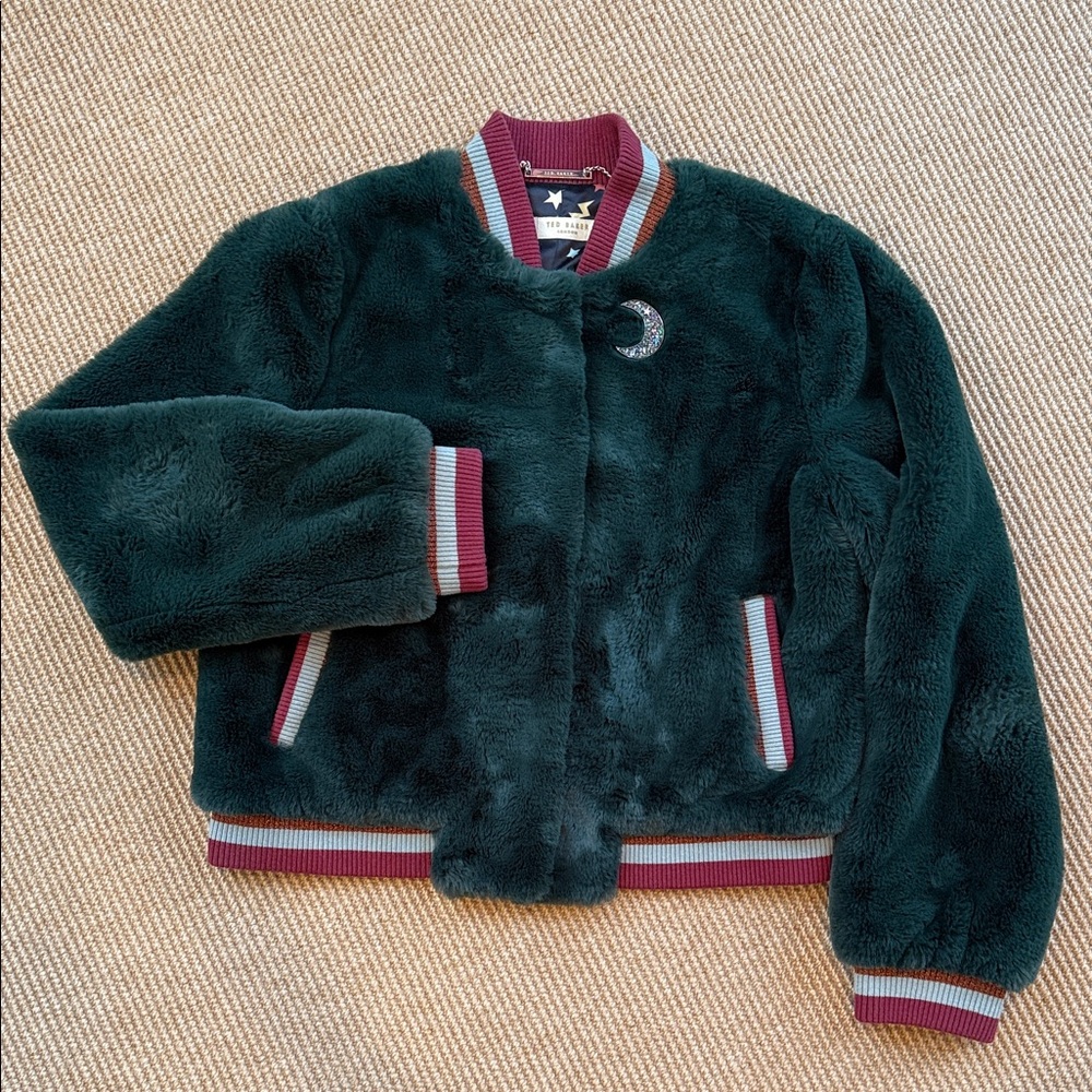 New Ted Baker Dark Green Faux Fur Bomber Jacket